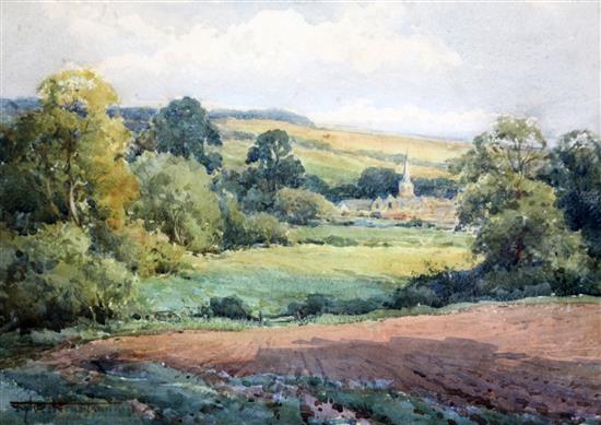 Henry Sylvester Stannard (1870-1951) Church in a landscape and Weir beneath trees 10.5 x 14.75in.